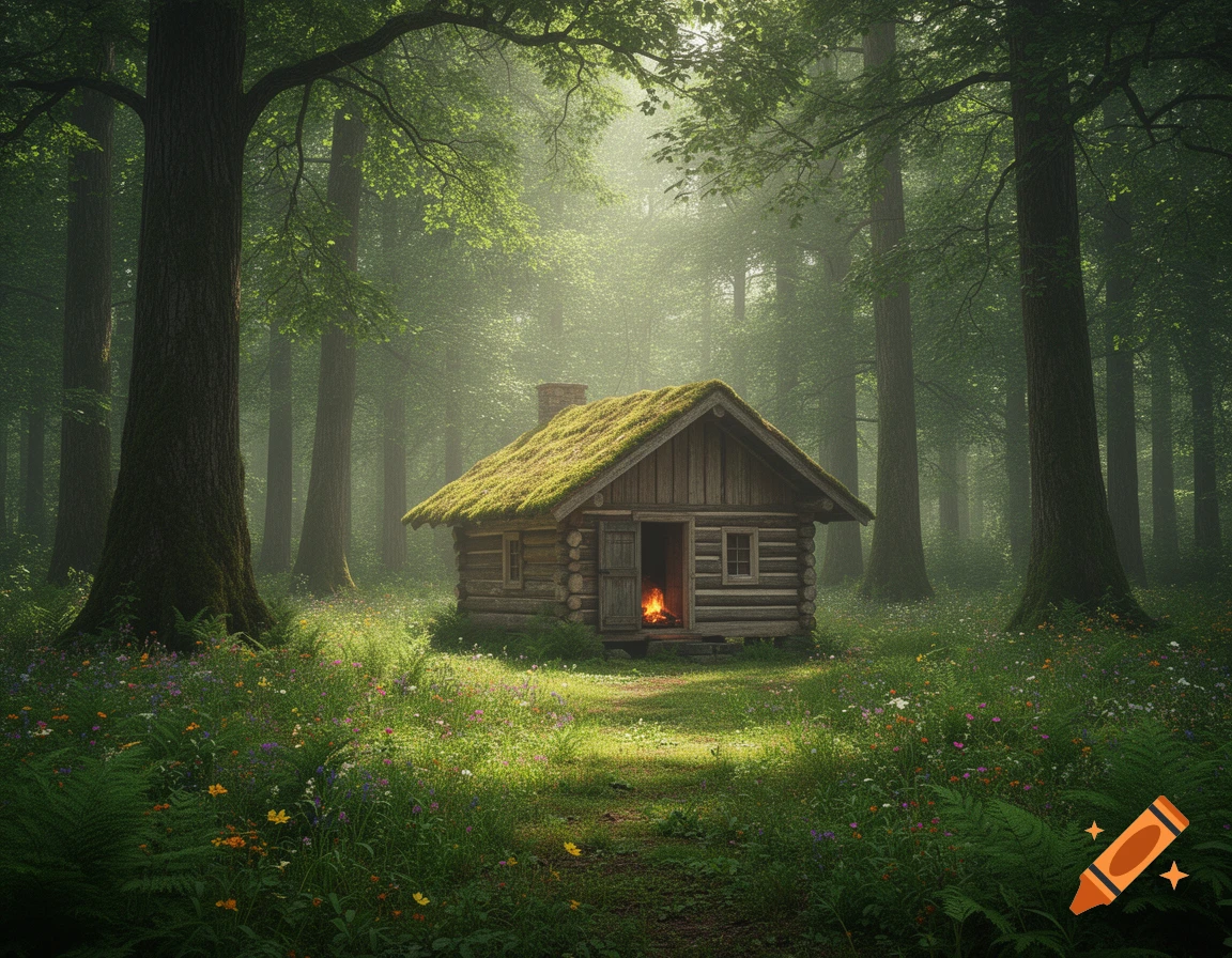 A rustic wooden cabin with a mossy roof and warm light from inside, nestled deep in a sun-dappled green forest with wildflowers.