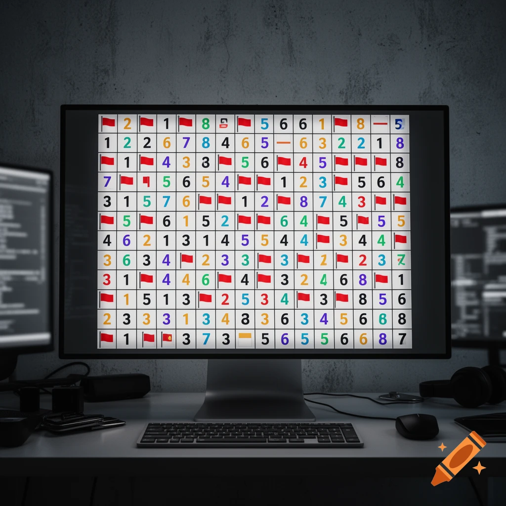 A computer monitor displays a colorful Minesweeper game on a dark desk with a keyboard, mouse, and headphones.