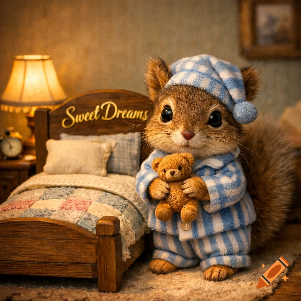 A cute squirrel in blue plaid pajamas and a nightcap holds a teddy bear beside a bed with 'Sweet Dreams' on the headboard in a cozy bedroom.