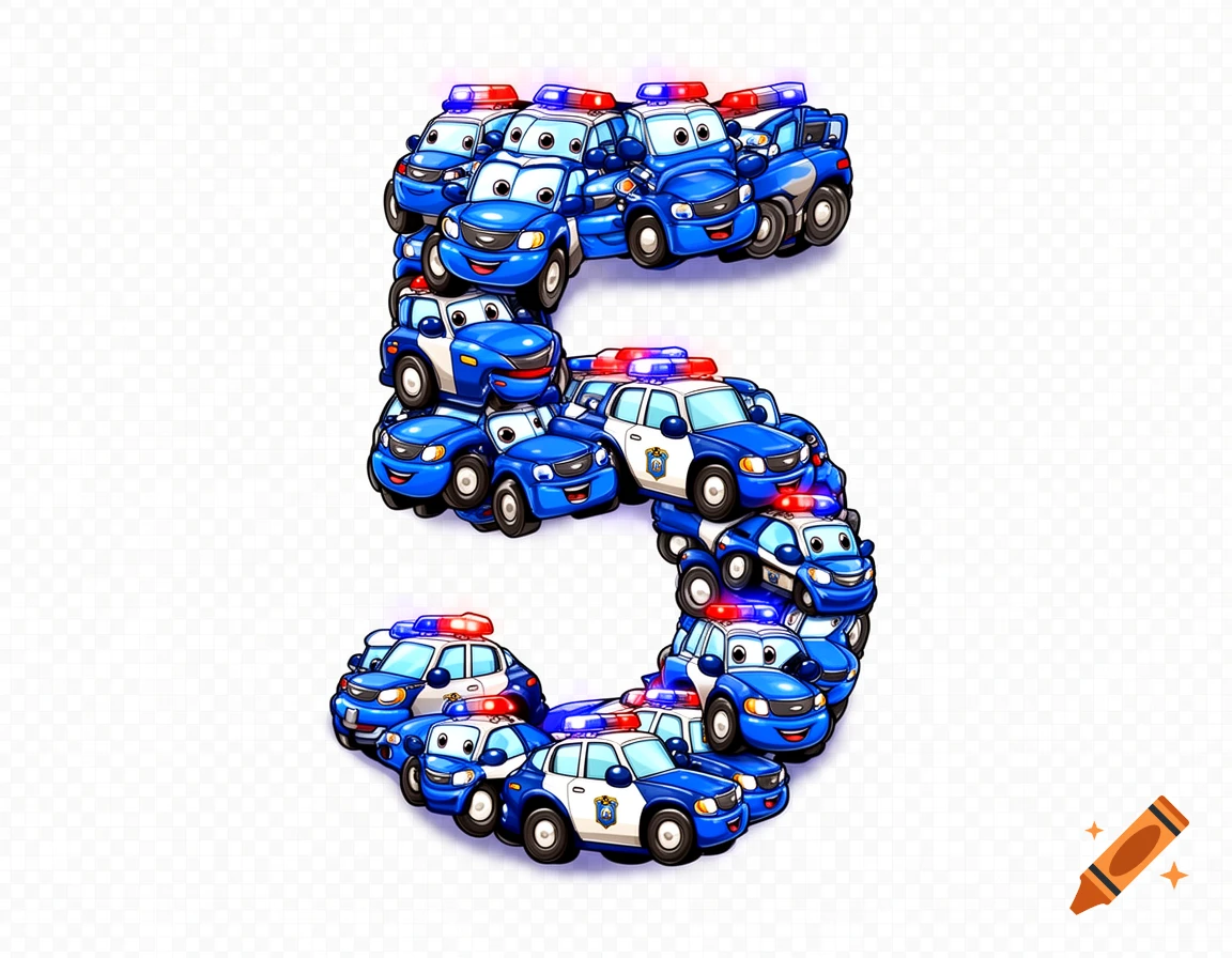 Cartoon police cars arranged to form the number 5, on a transparent background.