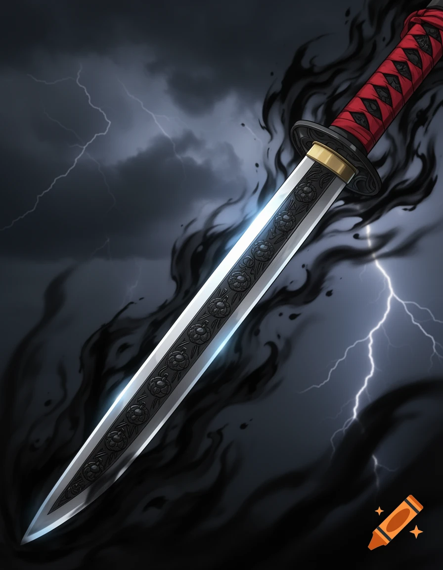 A manga-style katana with a red hilt and engraved blade, glowing with a dark aura against a stormy, lightning-filled sky.