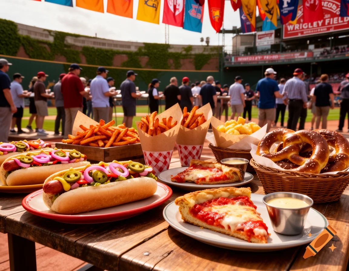 Photorealistic image of hot dogs, pizza, fries, and pretzels on a wooden table at Wrigley Field baseball stadium.