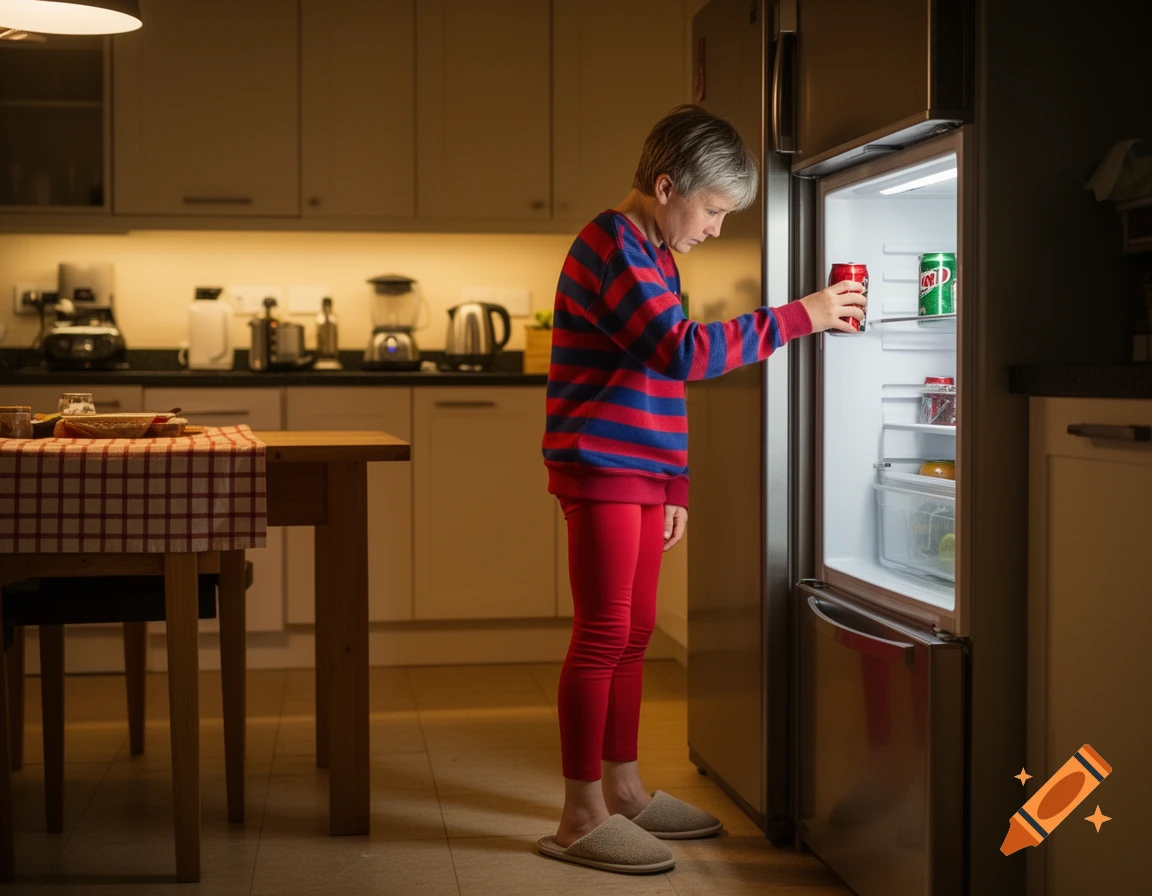 A young person in a striped sweatshirt and red pants stands by an open refrigerator in a dimly lit kitchen, reaching for a red soda can.
