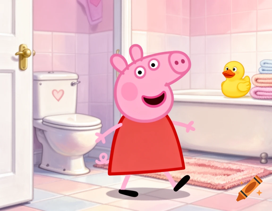 Cartoon Peppa Pig in a pink-tiled bathroom with a toilet and bathtub with a rubber duck.