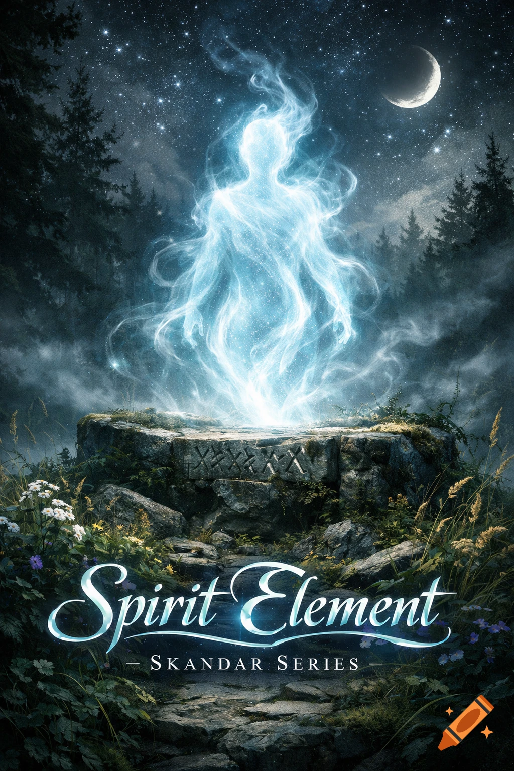 Splend Spirit A glowing blue humanoid spirit rises from a stone altar in a dark ...