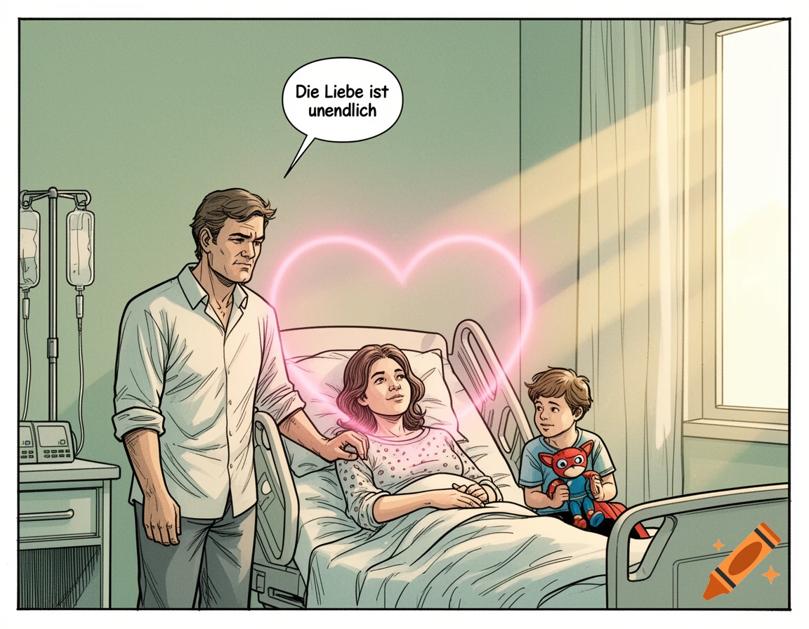 Comic art of a family in a hospital room with a glowing pink heart and a speech bubble saying 'Die Liebe ist unendlich'.