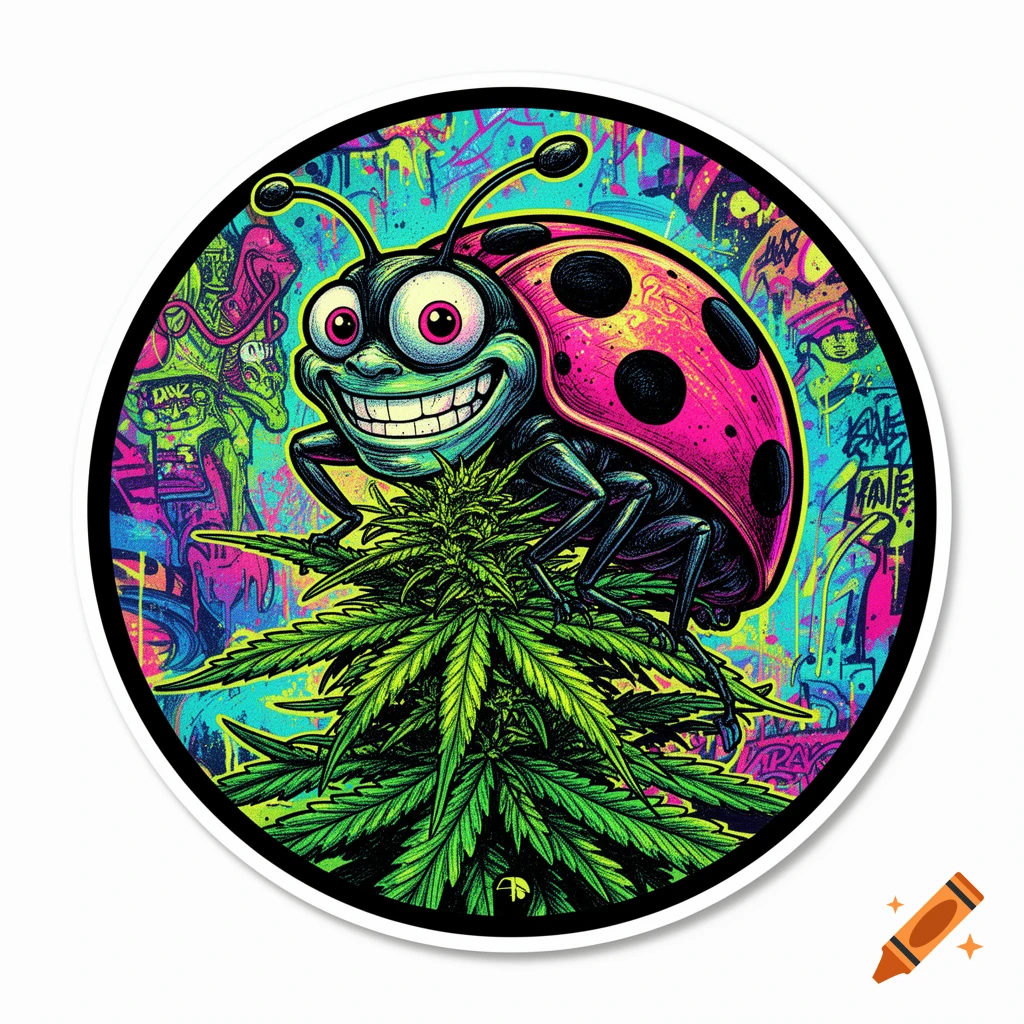 A psychedelic cartoon ladybug with big eyes and a wide grin sits on a cannabis plant, set against a vibrant neon graffiti background in a circular sticker design.