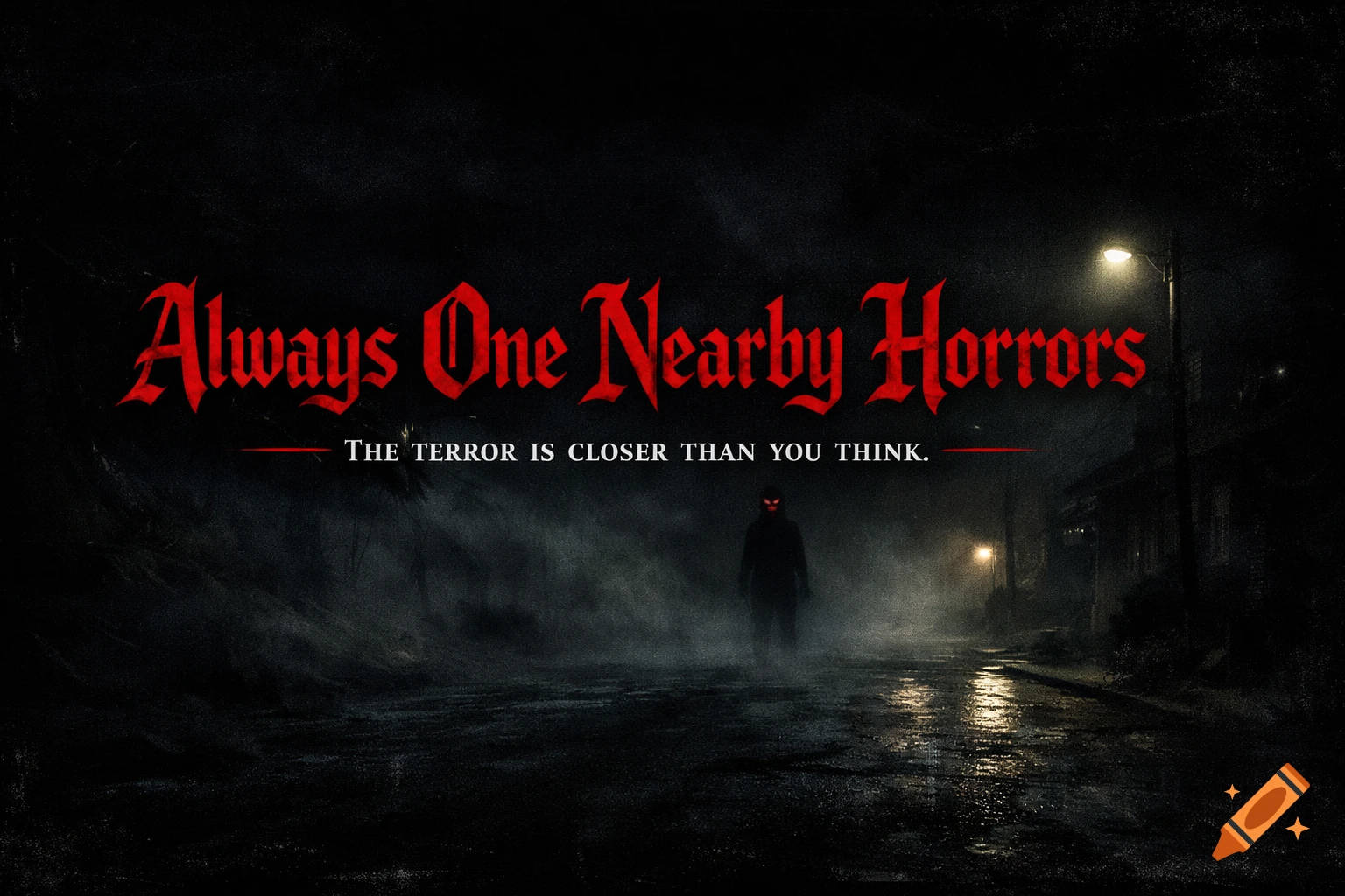 A shadowy figure with glowing red eyes stands on a foggy, wet street at night, with gothic red text.