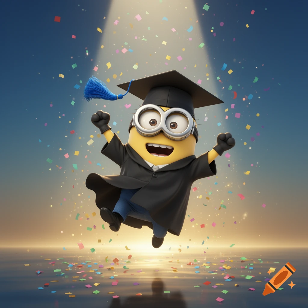 A joyful Minion in a black graduation cap and gown leaps into the air under a spotlight, surrounded by colorful confetti.