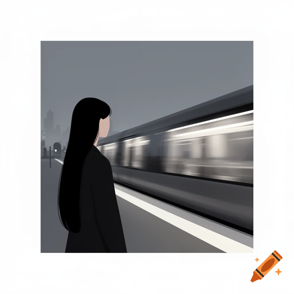 Minimalist illustration of a woman with long black hair on a train platform, watching a passing train in an urban setting.