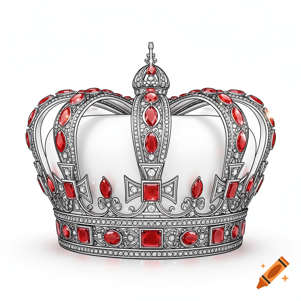 A regal silver crown adorned with numerous red and white gemstones, set against a white background.