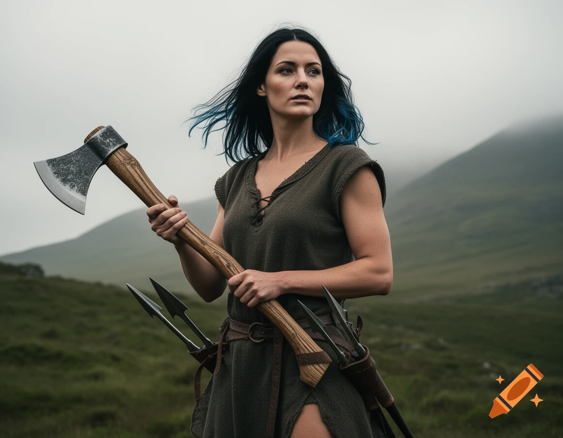 A stoic woman with dark hair and blue streaks, dressed in rustic clothing, holds a large axe and harpoons in a misty, green mountainous landscape. Photorealistic style.