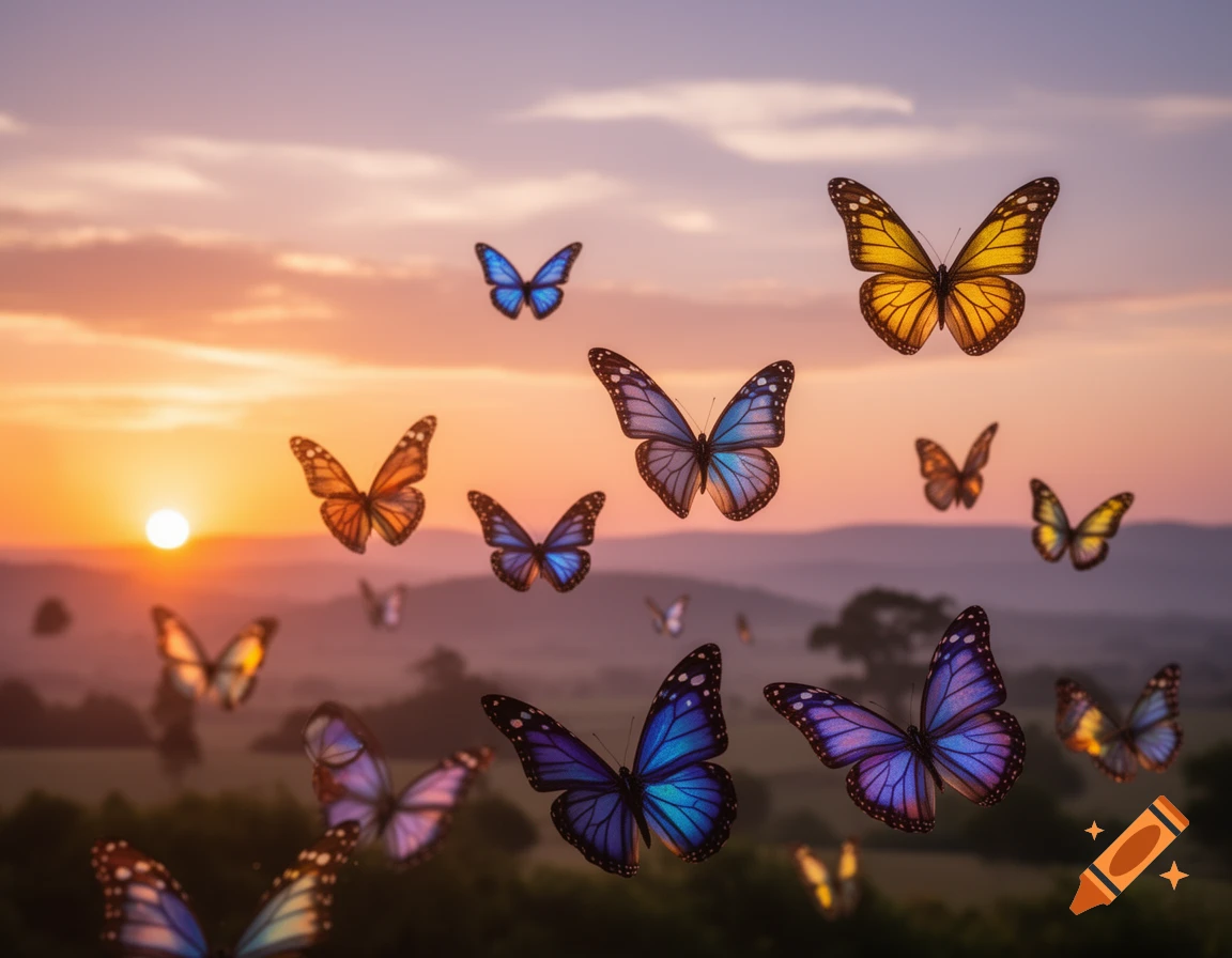 Numerous colorful butterflies fly against a stunning orange and purple sunset sky over a distant, misty landscape.