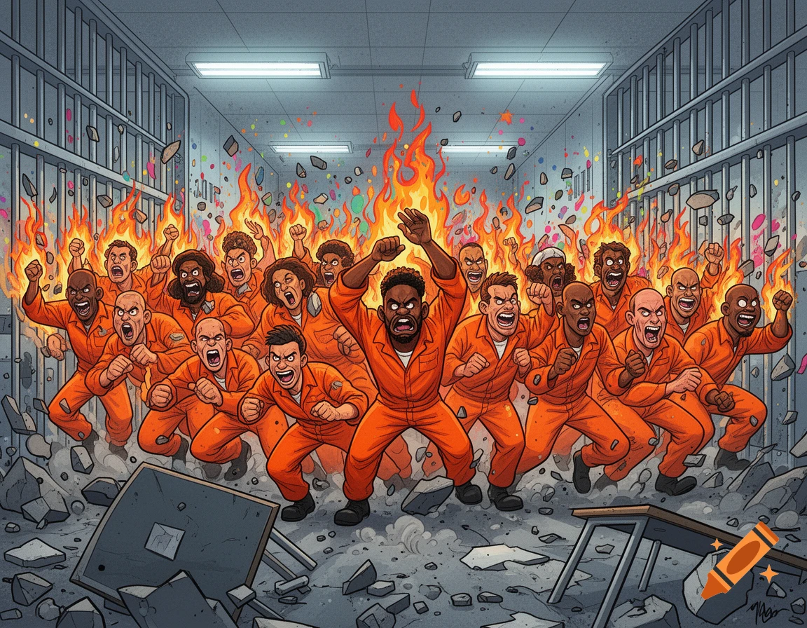 A group of diverse, angry prisoners in orange jumpsuits riot in a prison cell block, surrounded by flames and rubble, in a cartoon style.