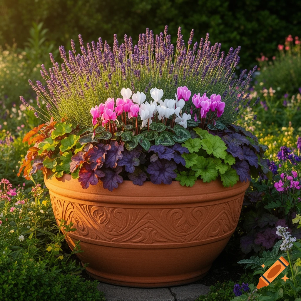 A large terracotta pot overflowing with purple lavender, pink and white cyclamen, and colorful foliage in a garden.