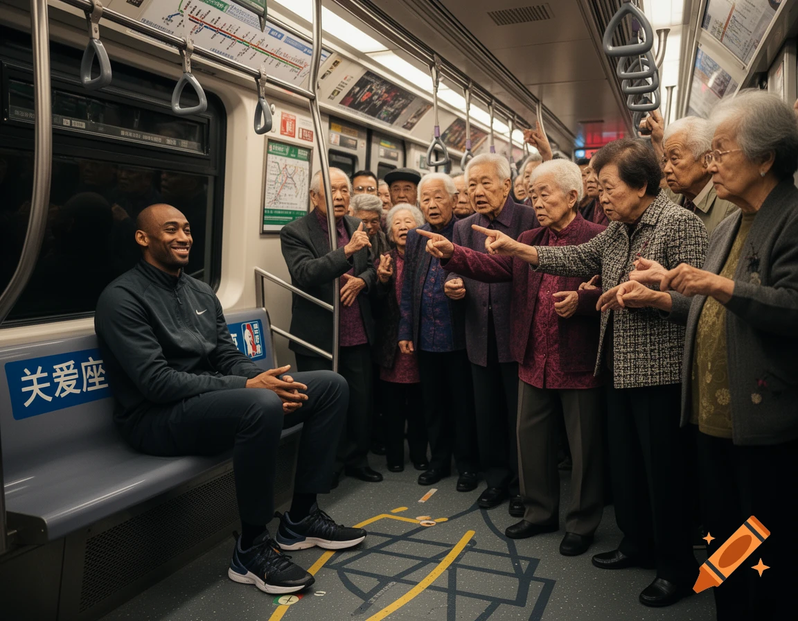 Kobe Bryant sits smiling on a priority seat in a subway car, while a group of elderly passengers stand around him, some pointing and looking displeased.