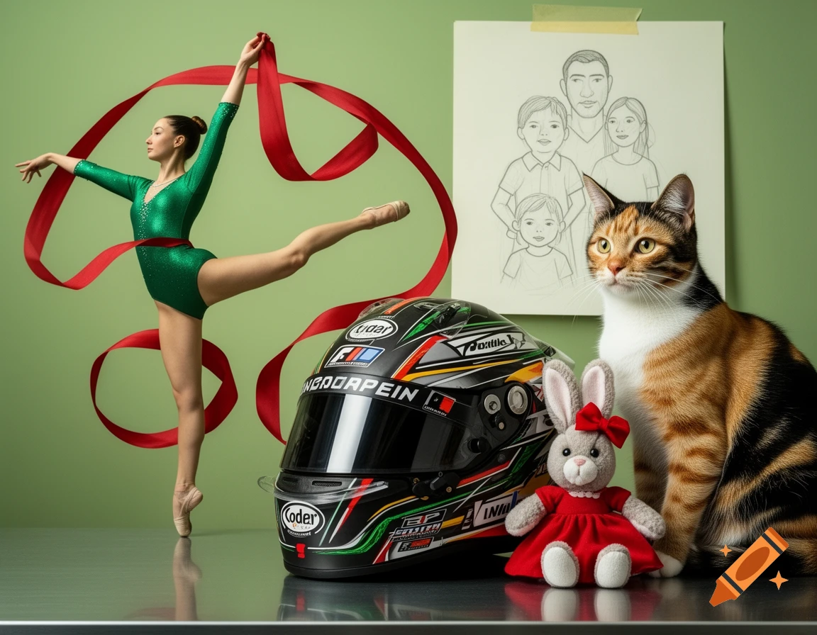 A rhythmic gymnast in a green leotard holds a red ribbon next to a racing helmet, a calico cat, a bunny plush toy, and a family drawing, all against a green wall.