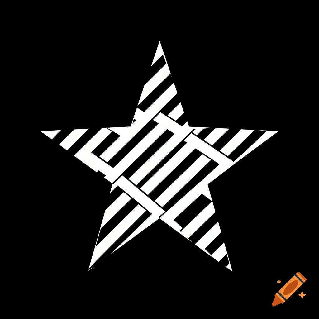 A white five-pointed star filled with black and white diagonal stripes, set against a solid black background.