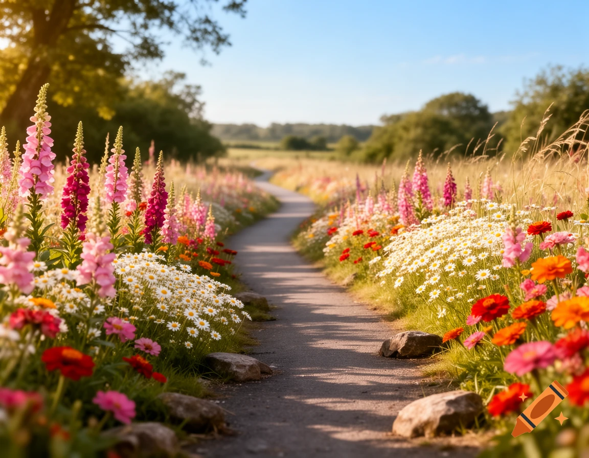 A winding path through a vibrant field of pink foxgloves, white daisies ...