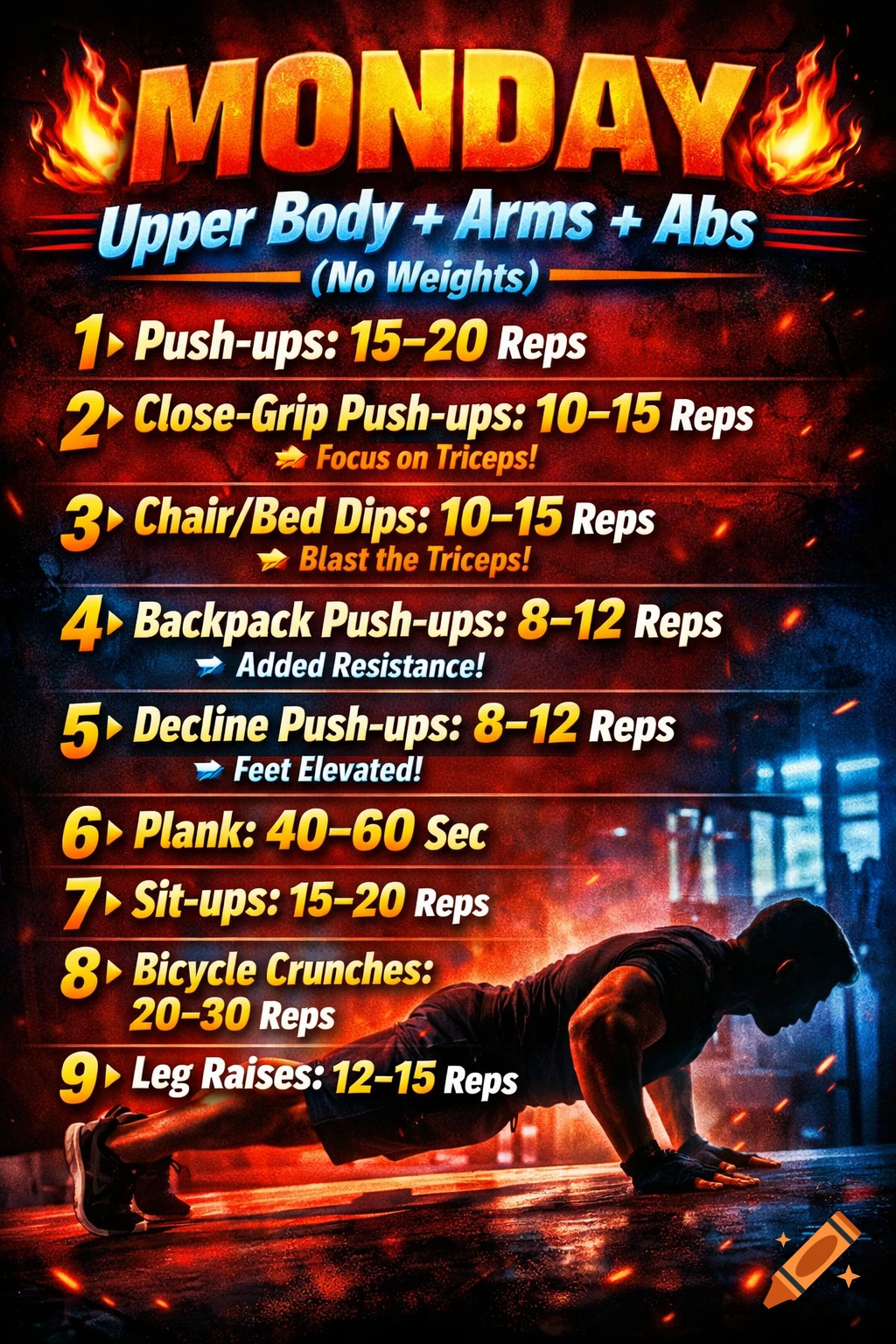 A workout poster with a man doing push-ups, listing exercises for Monday's upper body, arms, and abs routine, against a fiery red and black background.