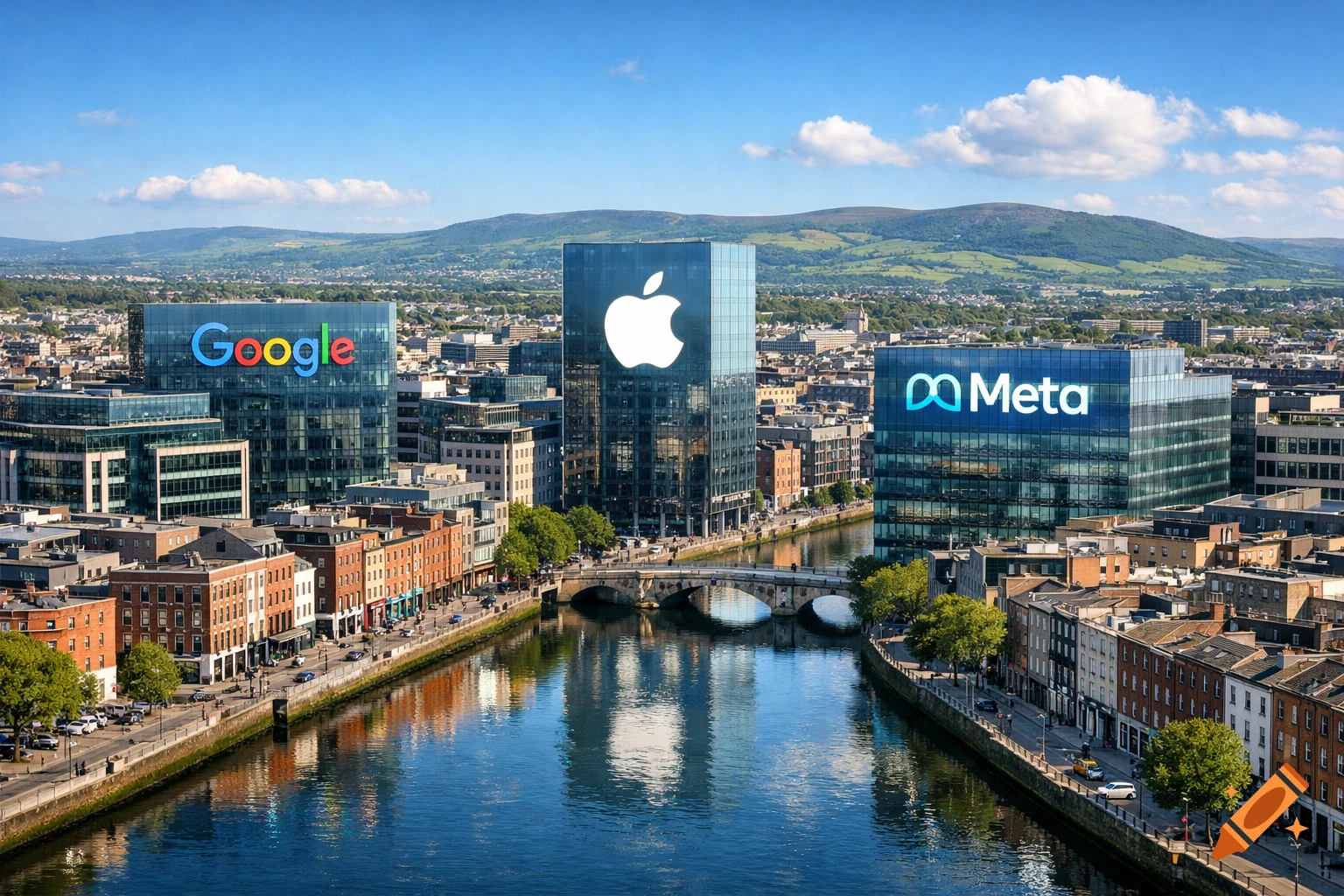 An aerial view of a city with a river, featuring prominent buildings with Google, Apple, and Meta logos, against green hills.