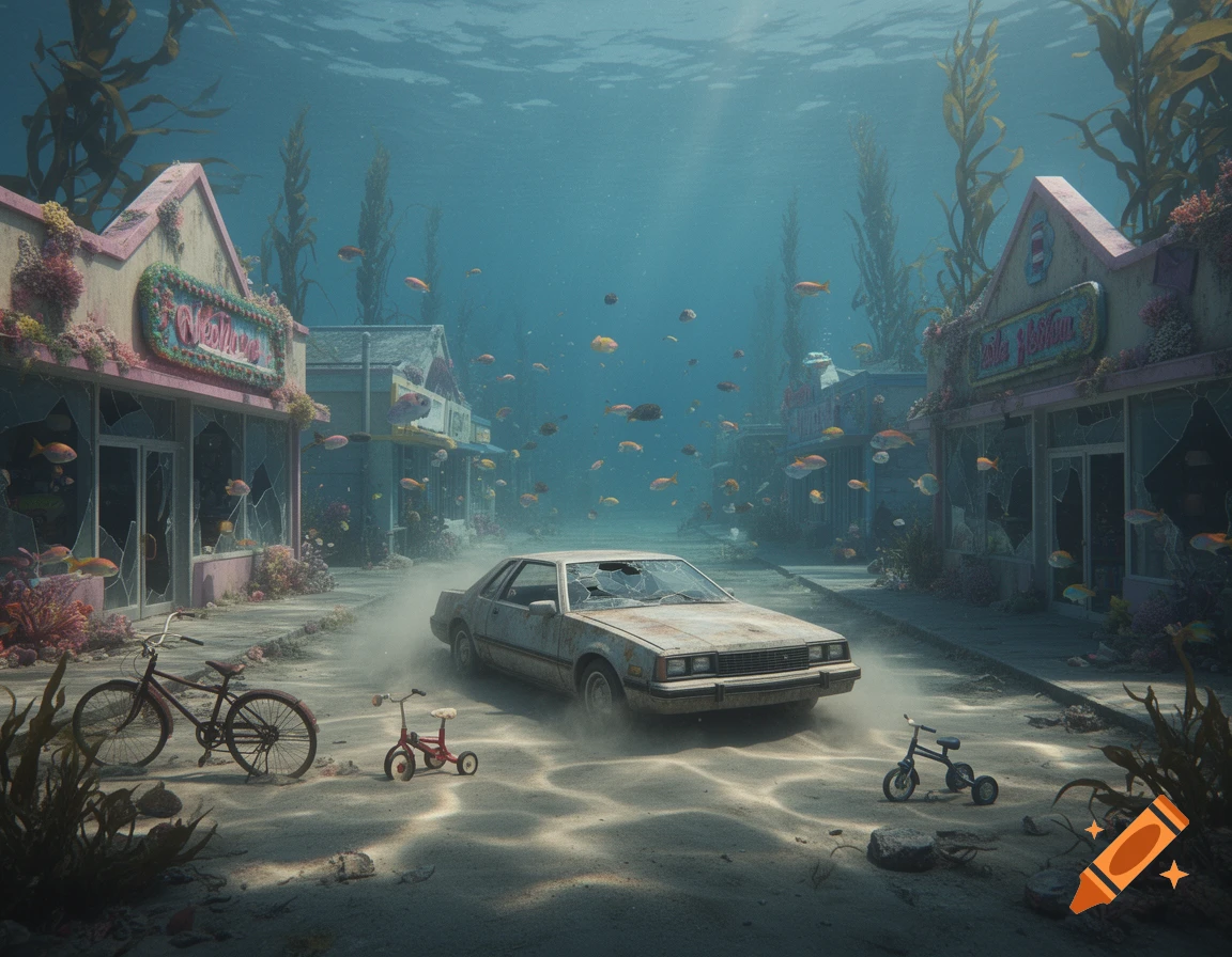 An underwater street with abandoned buildings, a rusty car, and bicycles on the sandy bottom, surrounded by fish and kelp.