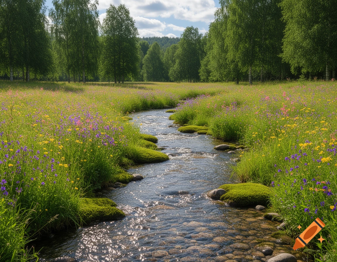 A winding brook flows through a lush green meadow filled with yellow and purple wildflowers, flanked by tall trees.