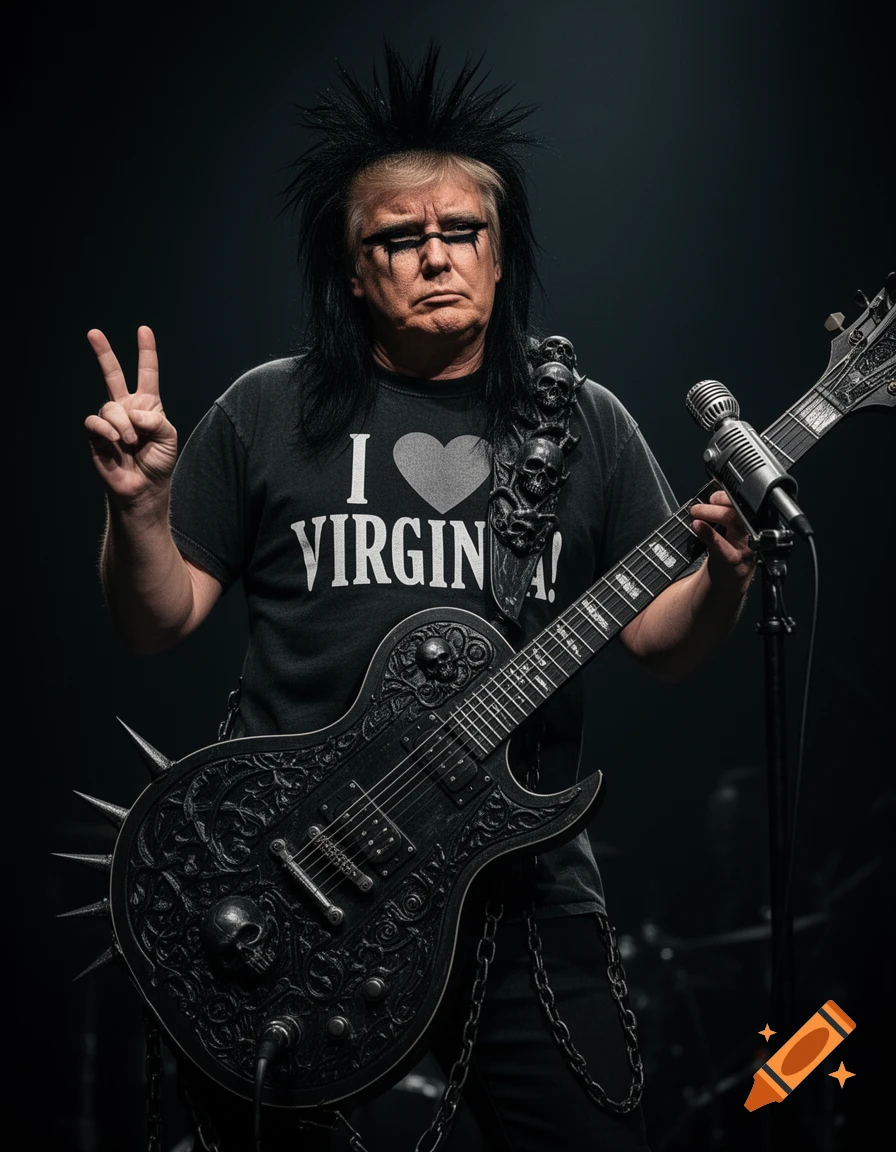 Photorealistic portrait of Donald Trump as a punk rocker with a mohawk, eyeliner, an ornate gothic guitar, and an "I heart VIRGINA!" shirt.