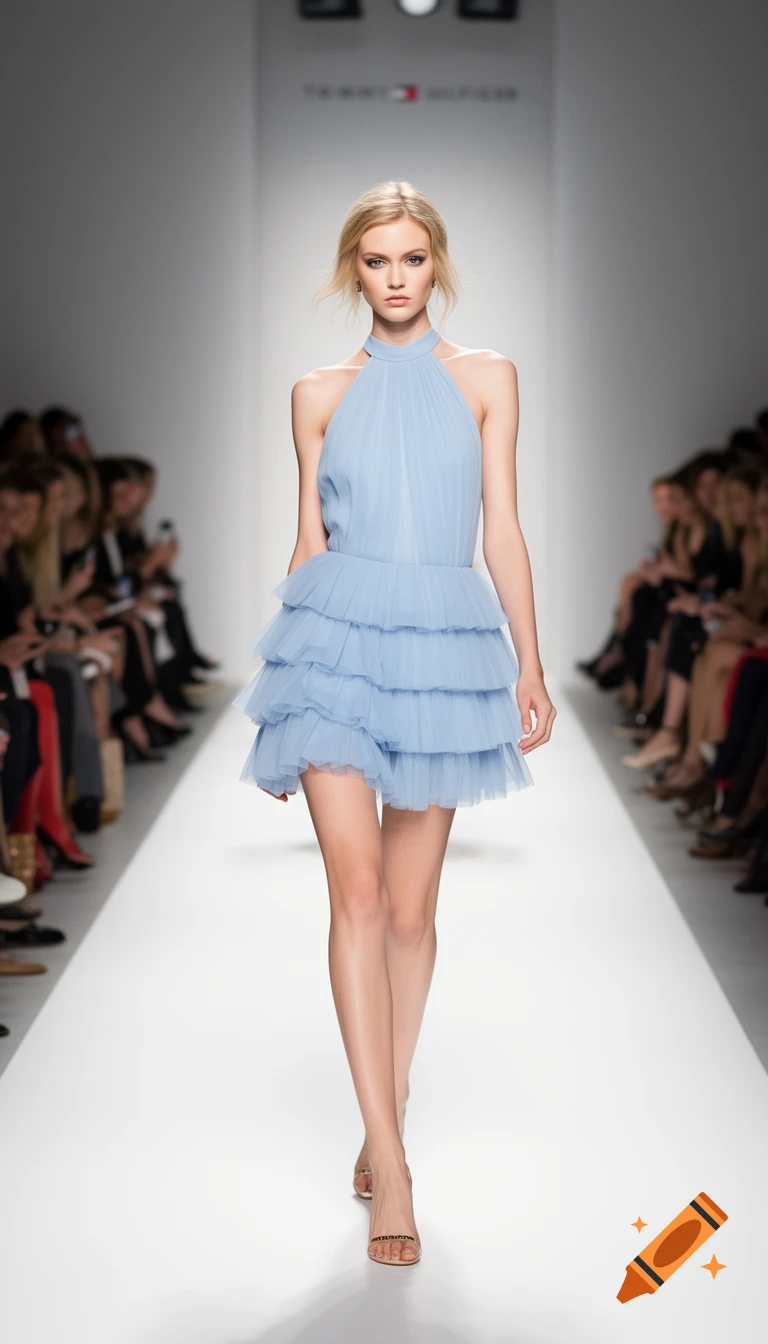 A blonde model in a powder-blue tiered mini dress walks down a brightly lit fashion runway, with blurred audience members on the sides.
