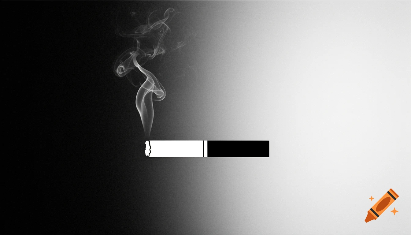 Minimalist black and white image of a stylized cigarette with smoke curling upwards against a gradient background.