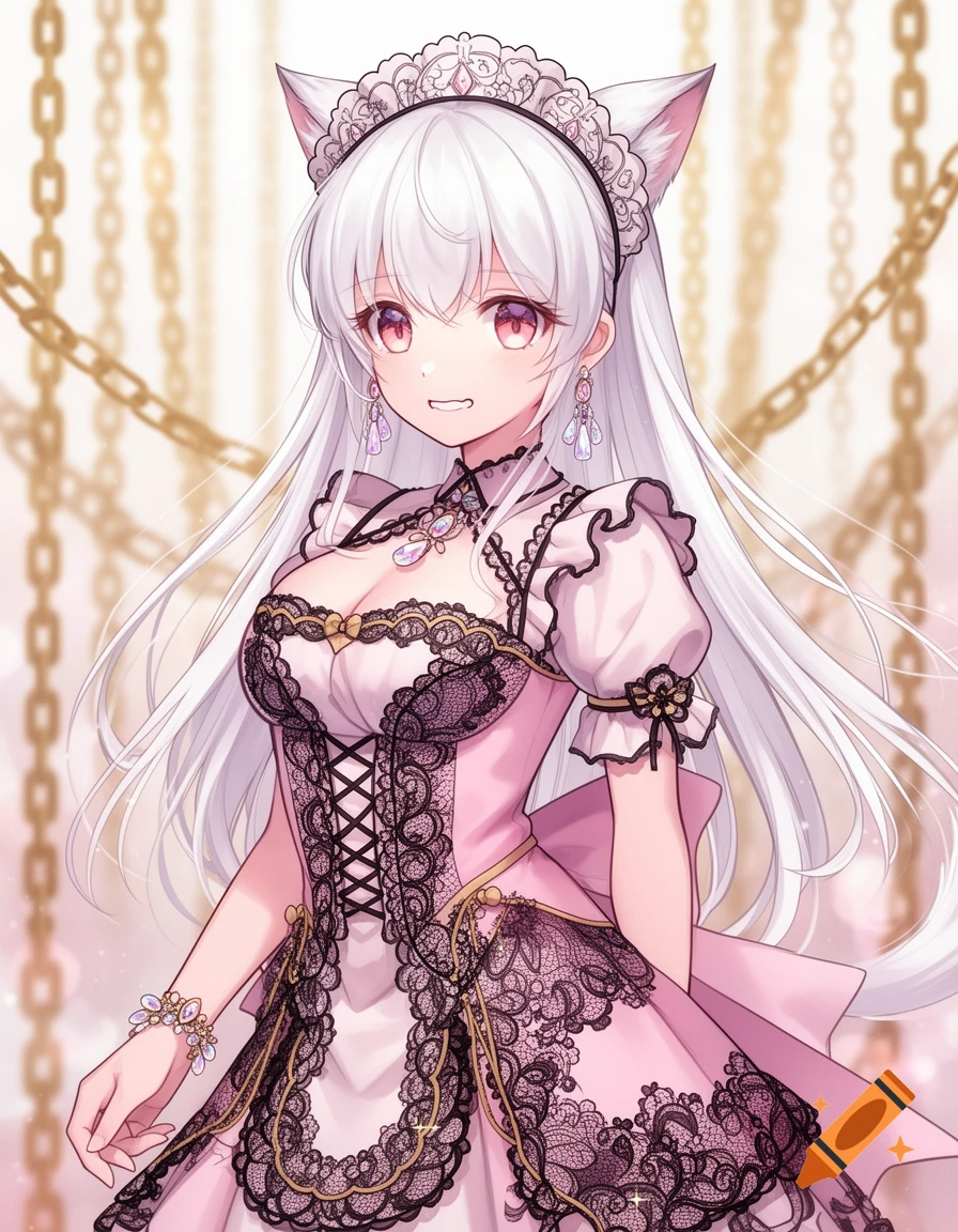 Anime cat girl with long white hair, pink eyes, and cat ears, wearing a pink and black lace maid dress with jewelry, smiling in front of blurred gold chains.