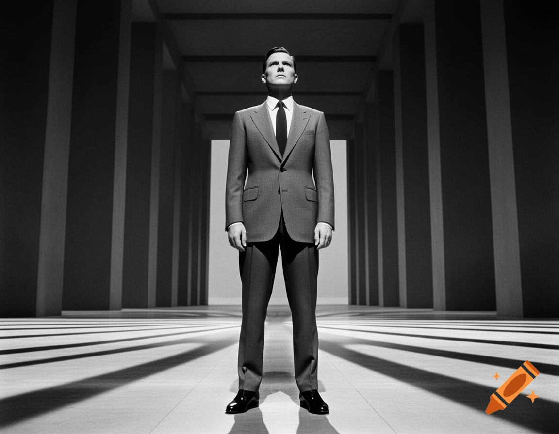 Monochromatic, low-angle shot of a man in a suit standing in a stark, shadowed architectural corridor, looking up.