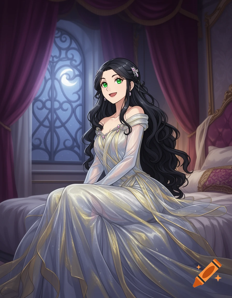 Anime princess with long dark hair and green eyes, in an ethereal white and gold gown, sitting on a bed in a grand bedroom at night.