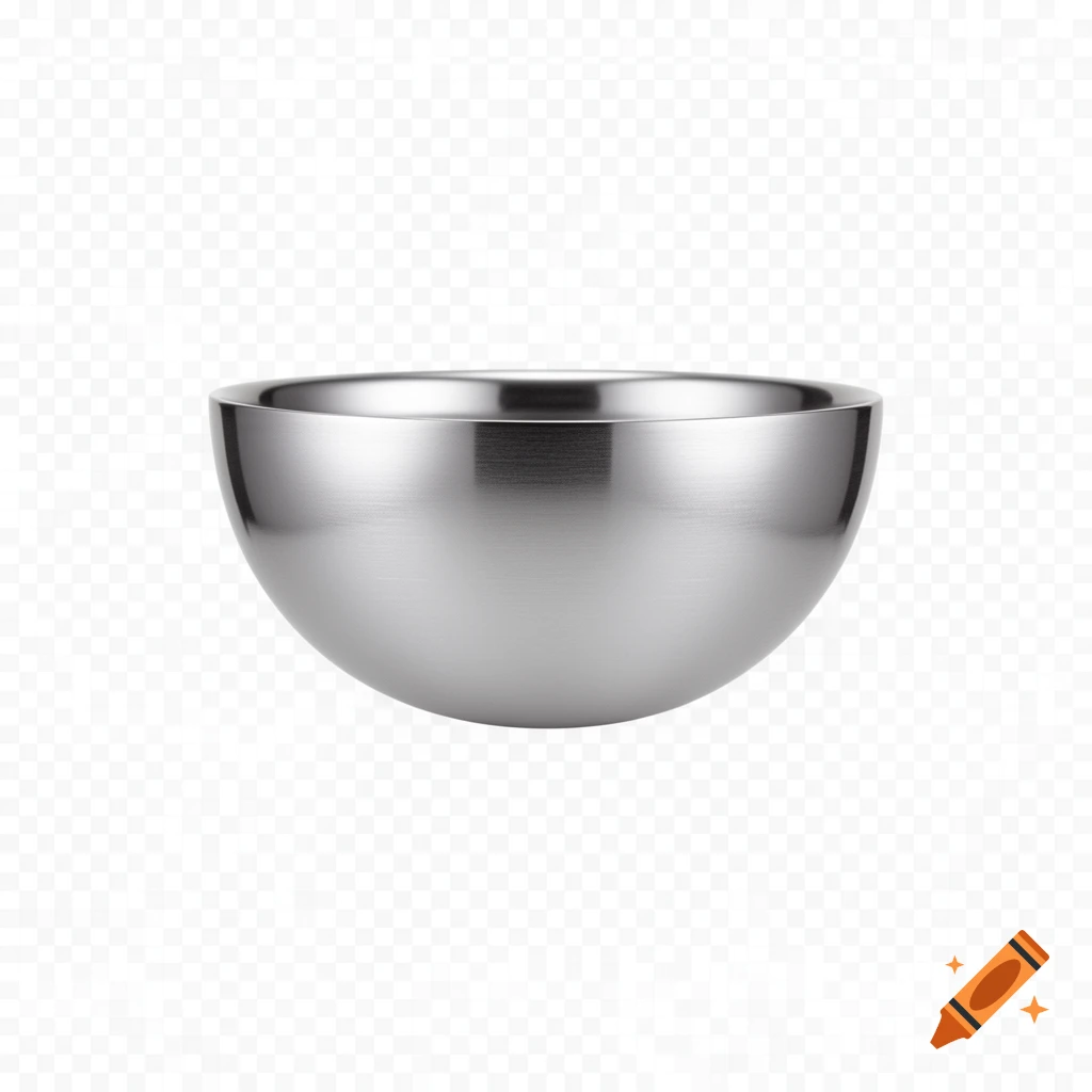 A shiny silver bowl, viewed from the side, on a transparent background.