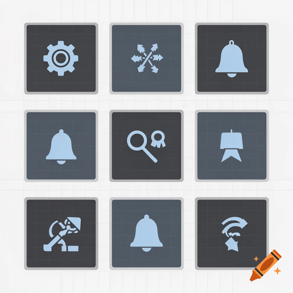A grid of nine light blue digital icons on dark grey squares, including a gear, bells, and magnifying glass.