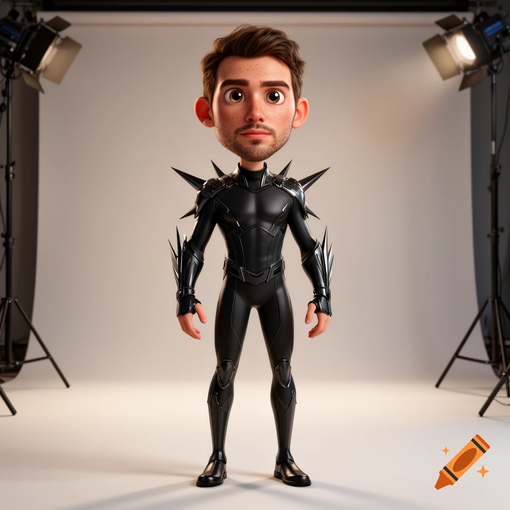 A semi-realistic 3D CGI cartoon man with dark hair and freckles, wearing a spiky black suit, standing in a studio.