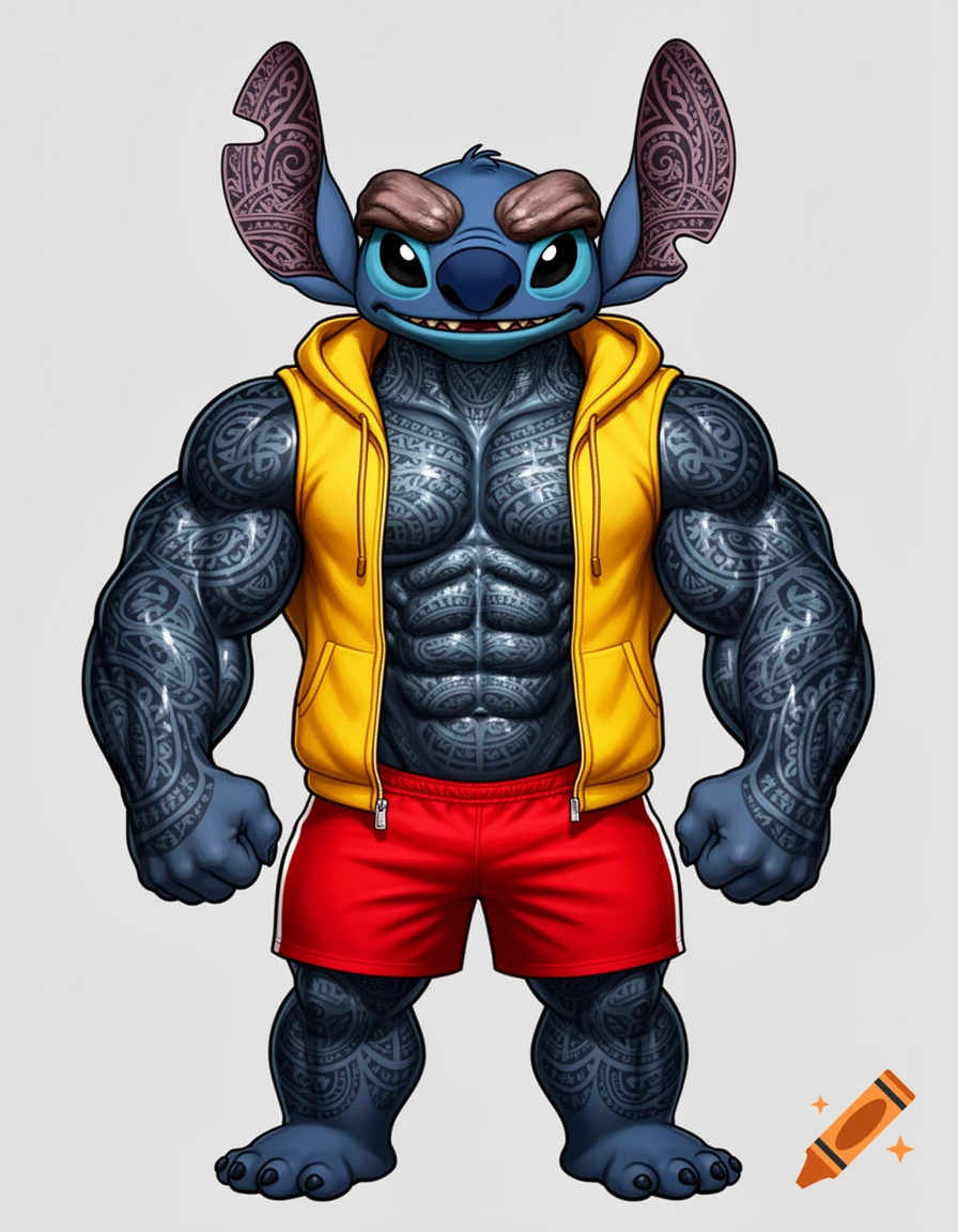 A very muscular, tattooed Stitch from Lilo & Stitch, wearing a yellow open hoodie and red shorts, stands against a white background.