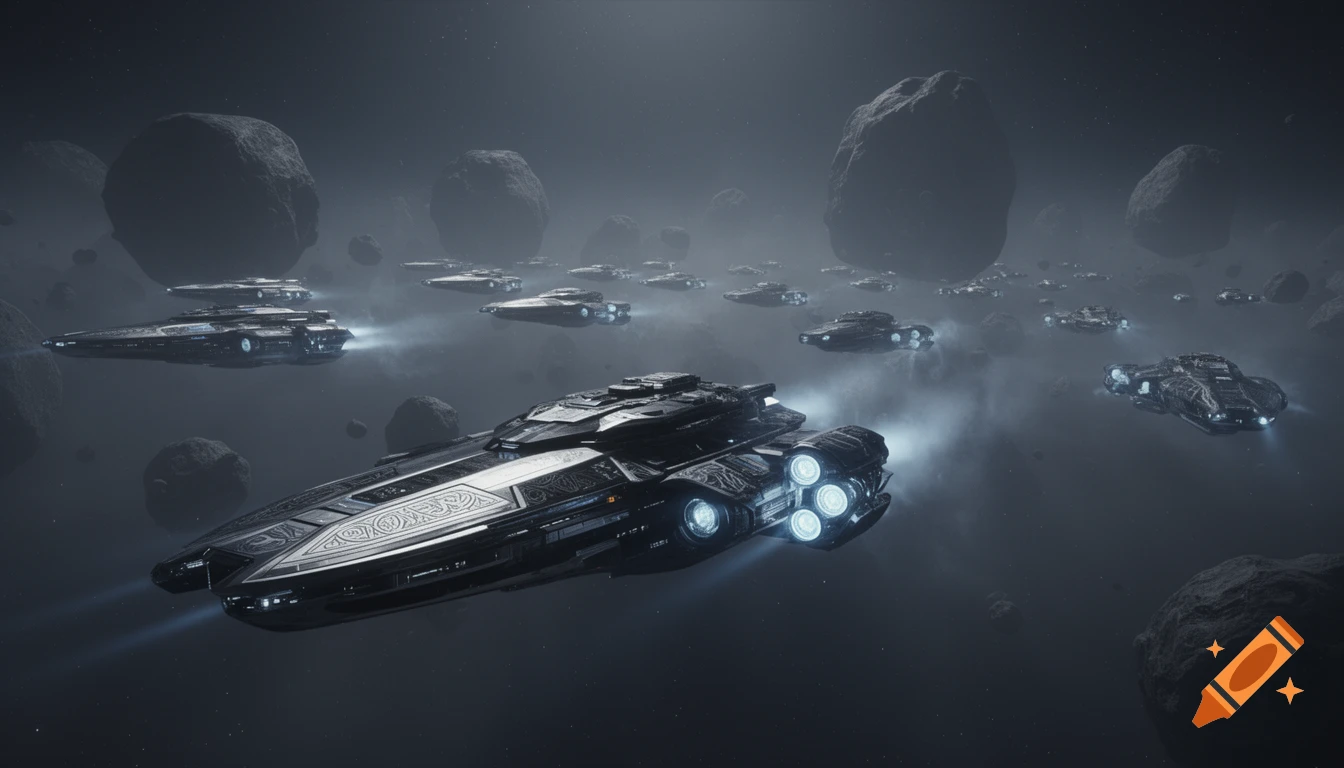 A fleet of futuristic spaceships with glowing engines flies through a dark, foggy asteroid field in space.