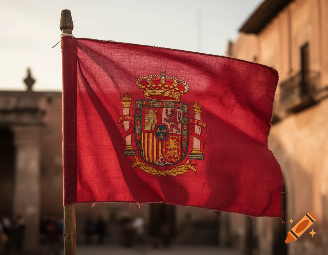 A red flag featuring a detailed, colorful coat of arms with a crown, lions, and castles, waving against a blurred old building.