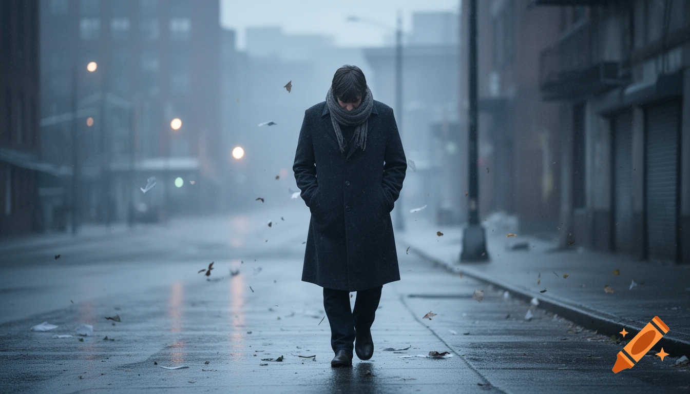 A person in a long dark coat and scarf walks with their head down on a wet, rainy city street, with fallen leaves and debris around. The scene is depicted in cold blue and gray tones under dim light.