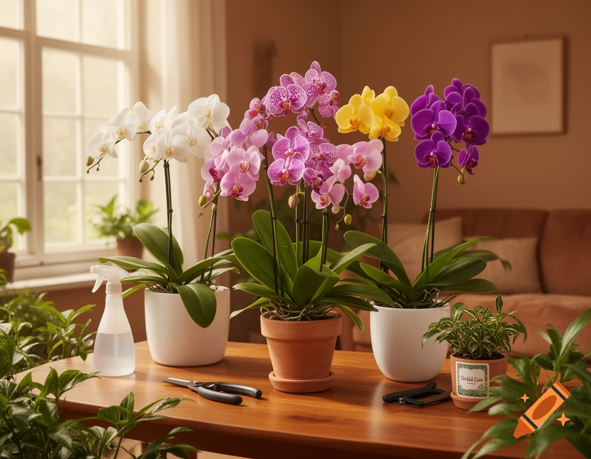 Four potted orchids with white, pink, yellow, and purple flowers on a wooden table. A spray bottle and pruning shears are nearby in a sunlit room.