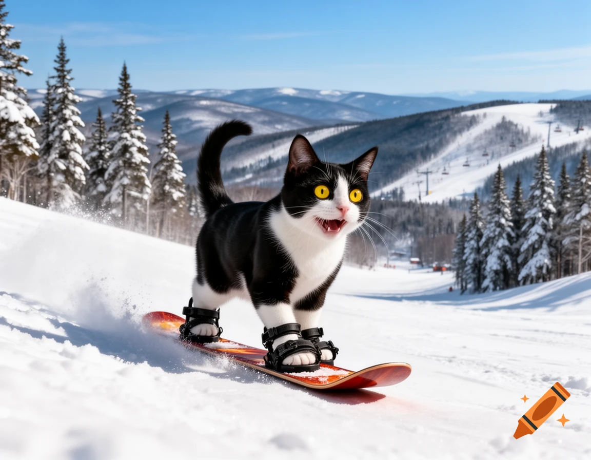 A black and white tuxedo cat with bright yellow eyes snowboarding down a snowy mountain slope with pine trees and ski lifts in the background.