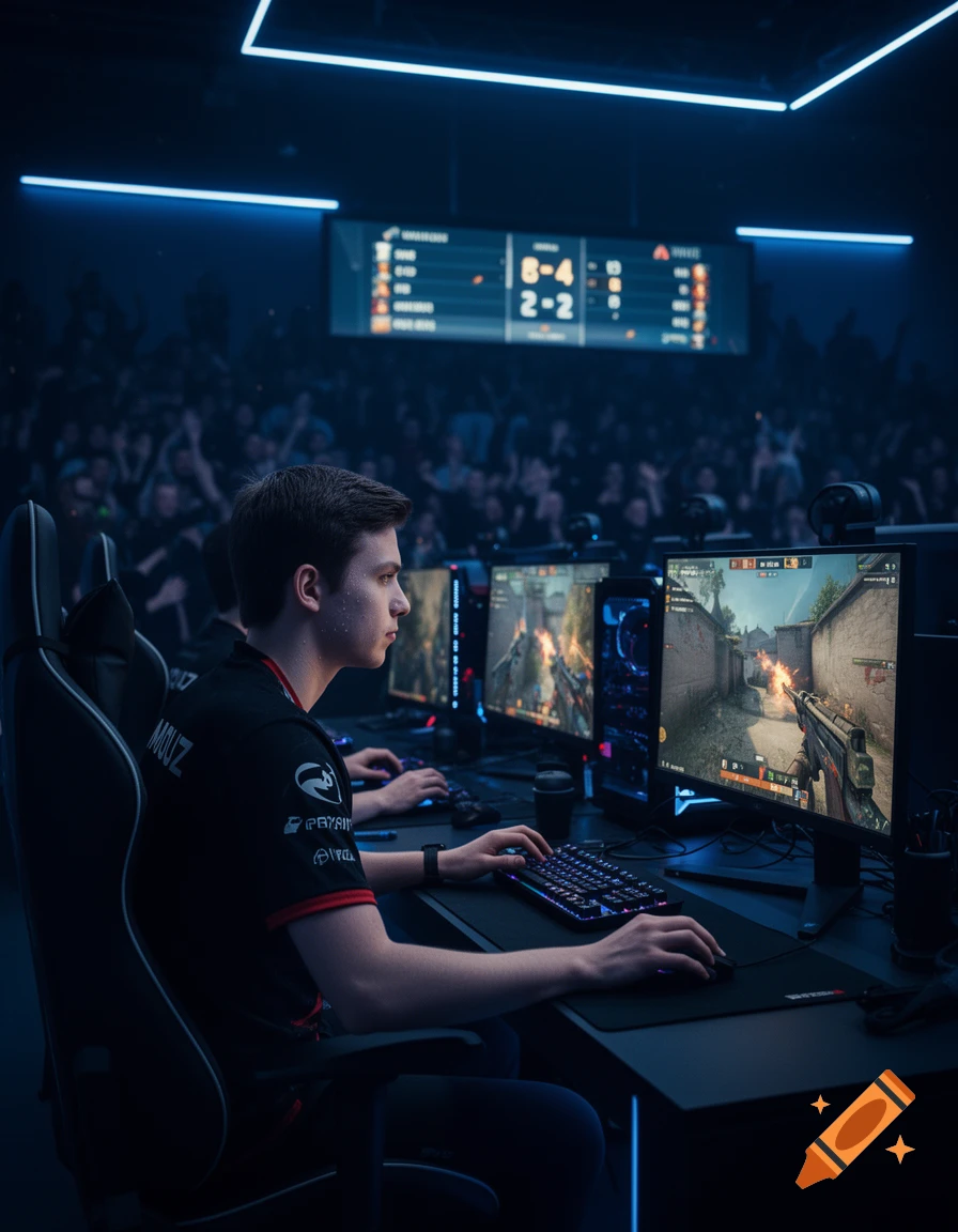 A male esports player in a black jersey plays a video game on a monitor in a dimly lit arena with a scoreboard.