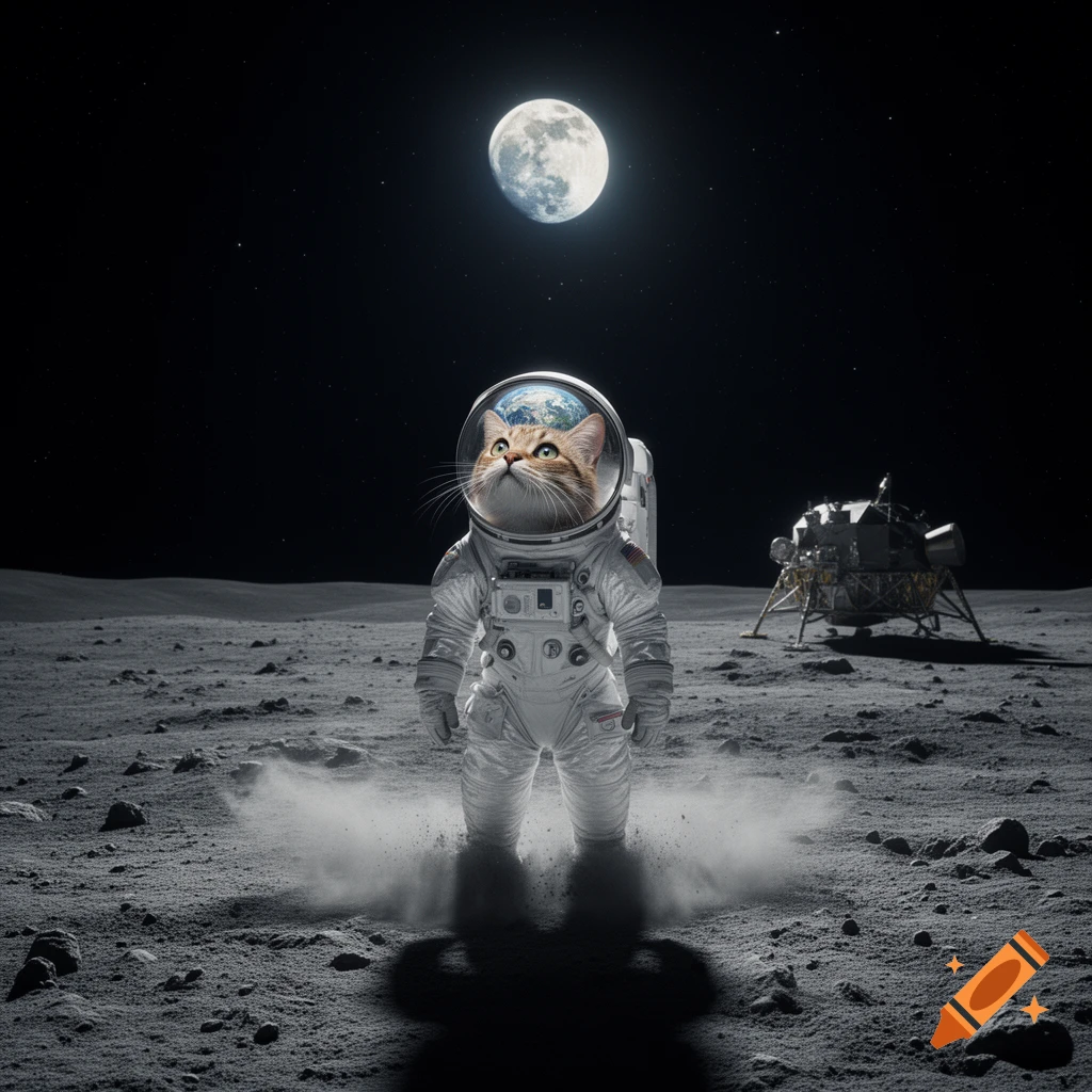 A cat astronaut stands on the moon, with Earth reflected in its visor, a lunar lander nearby, and a full moon above.