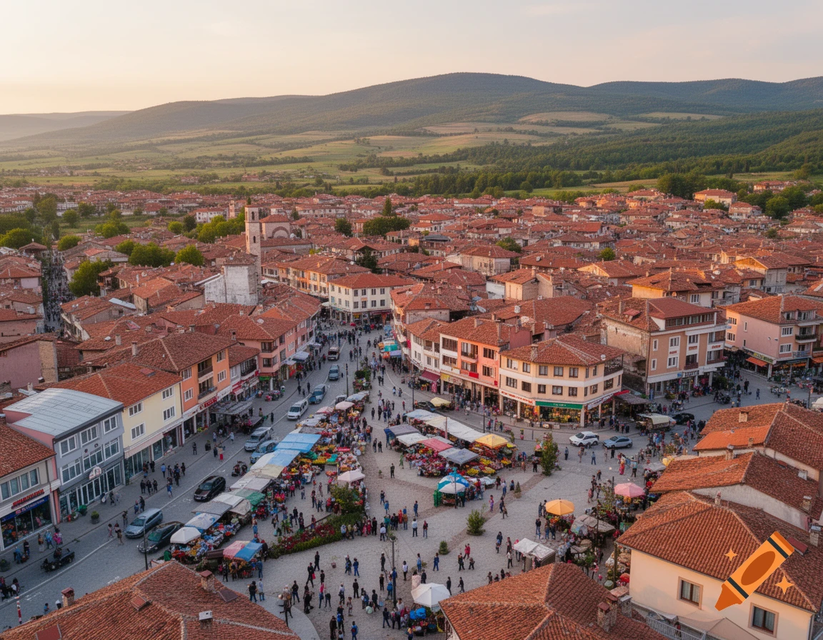 An aerial view of a bustling town square and street market in a European-style town with terracotta rooftops, surrounded by hills at sunset.