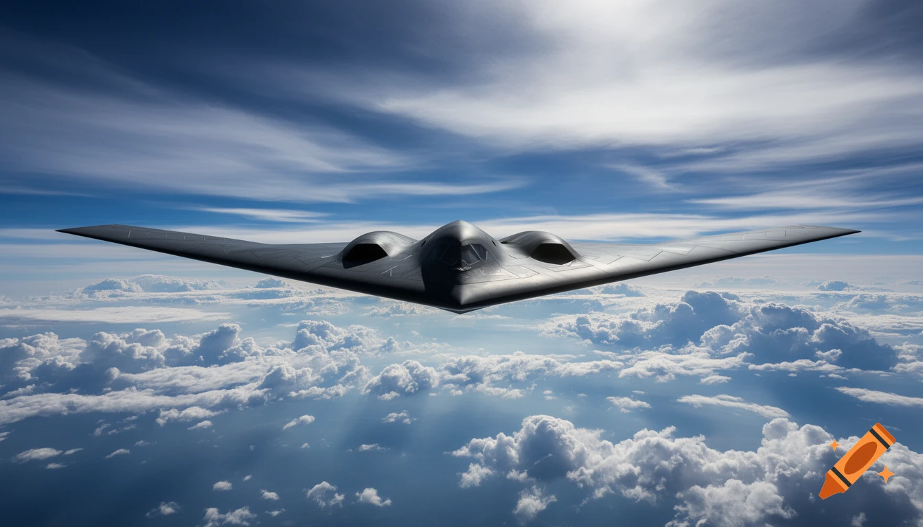 A dark B-2 Spirit stealth bomber flies across a blue sky above a thick layer of white clouds.