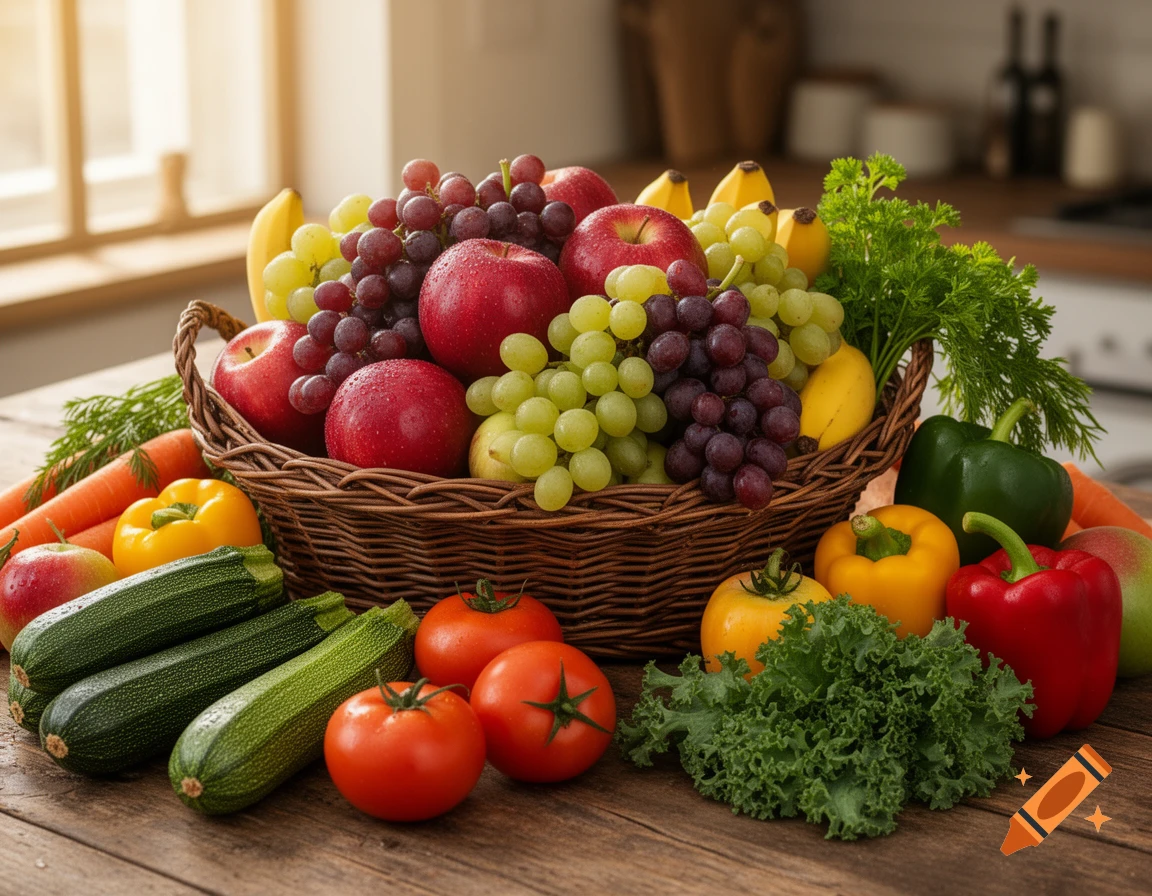 A photorealistic image of a wicker basket overflowing with fresh red apples, grapes, and bananas, surrounded by colorful vegetables like zucchini, carrots, tomatoes, bell peppers, and kale on a wooden table.