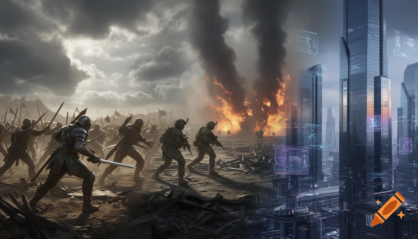 A dramatic split scene showing medieval knights, modern soldiers in battle with explosions, and a futuristic city with holographic displays.