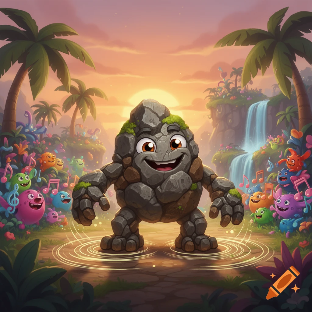 A smiling cartoon rock monster surrounded by colorful musical creatures and notes in a lush tropical landscape with a sunset and waterfall.