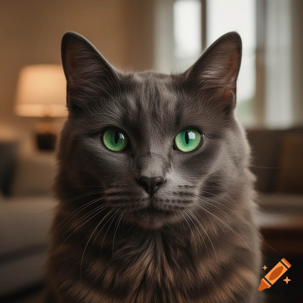 Close-up portrait of a dark grey cat with vibrant green eyes looking directly at the viewer, set indoors.